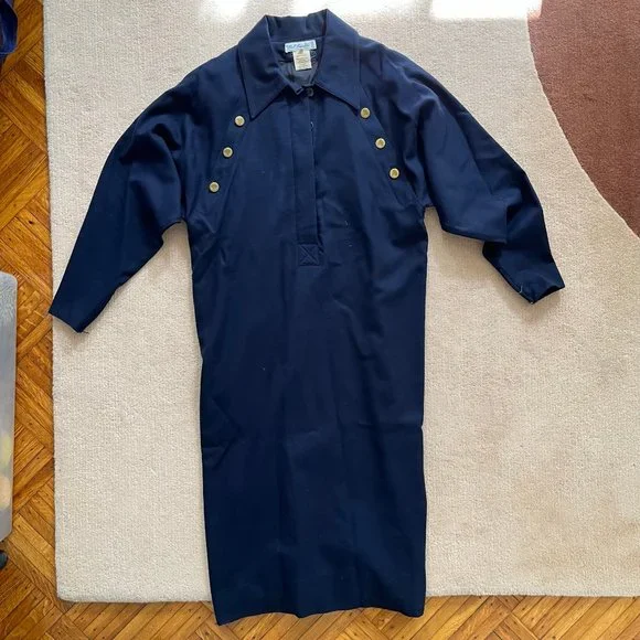 Vintage 1990s Karl Lagerfeld Collection Navy Wool Midi Shirtdress Women Size 42 - Picture 12 of 14